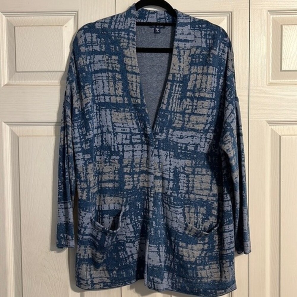 PURE JILL J. JILL Indigo Small Petite Tunic Cardigan Stretch Blue Tan Sweater